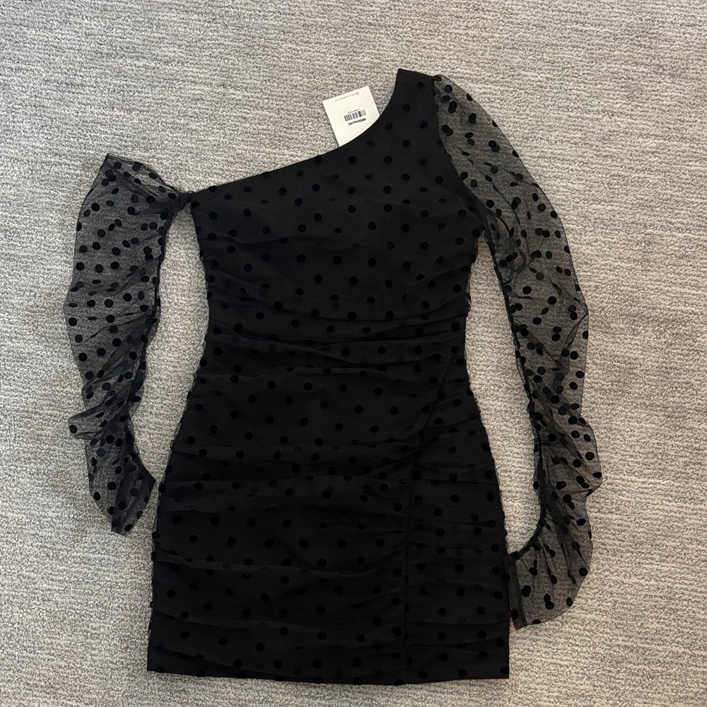 NWT Hello Molly Black One-Shoulder Dress with Sheer Sleeve